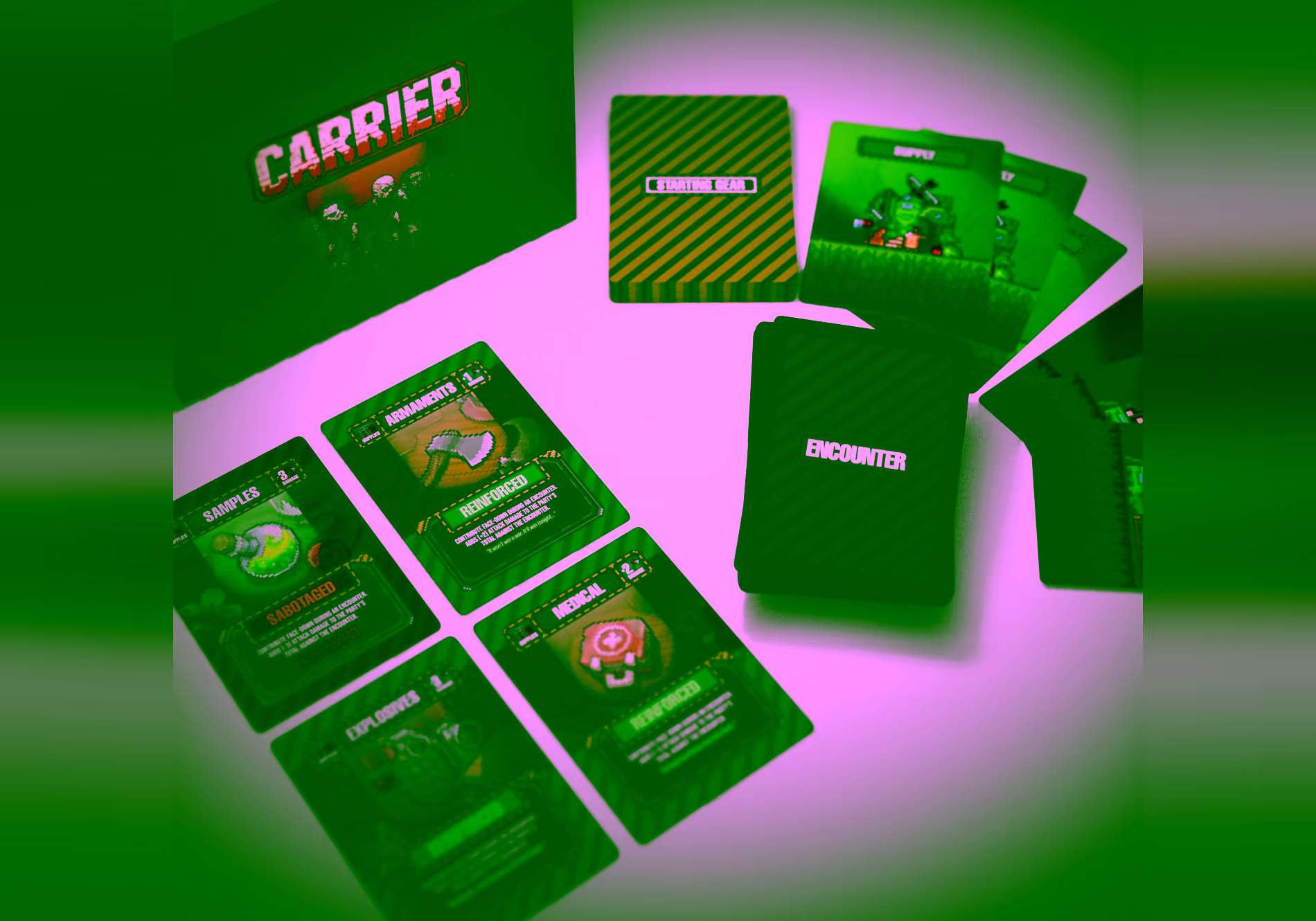 The streamlined Carrier box with the Encounter deck, Starting Gear and Supply cards laid out on a table