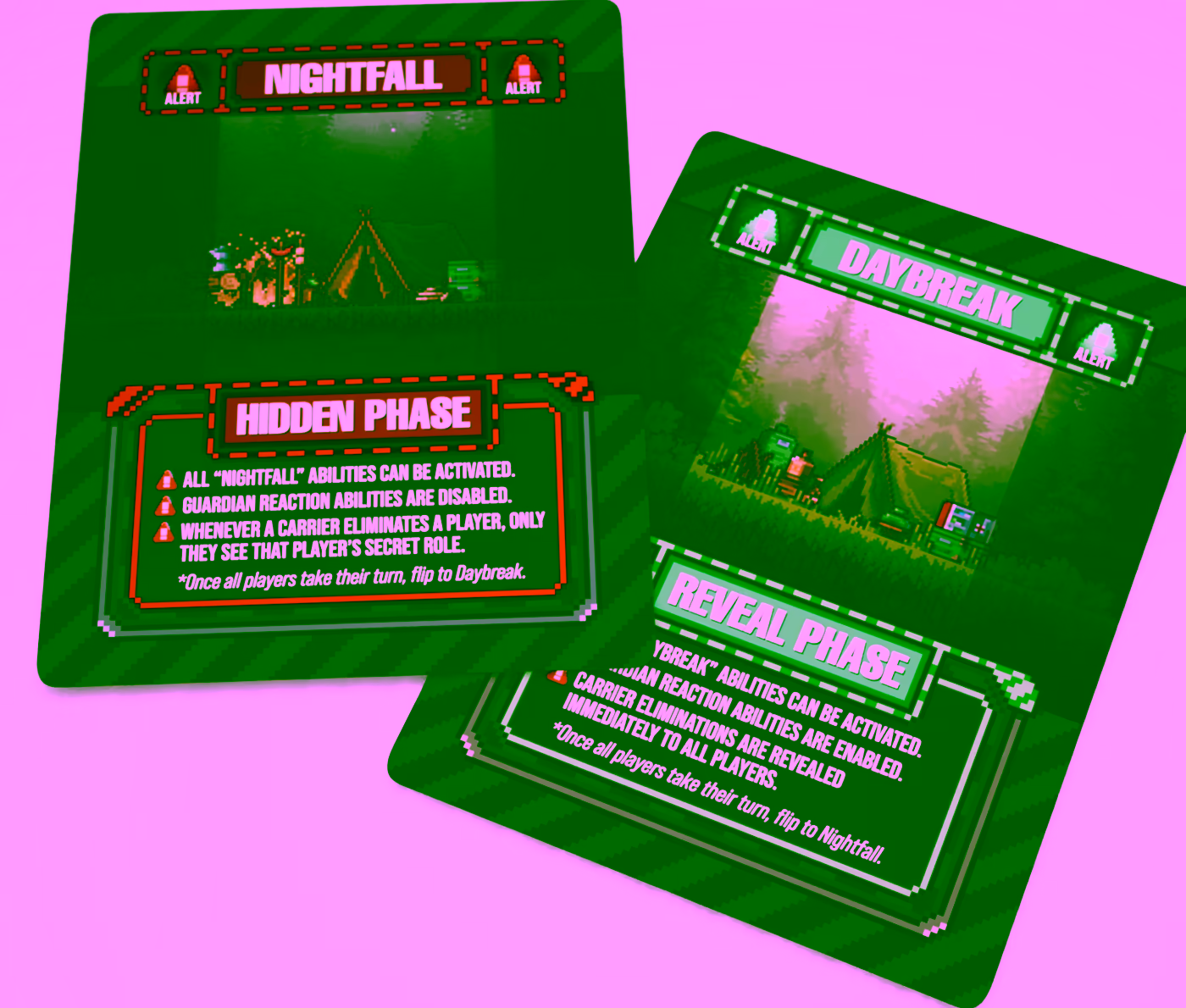 Nightfall and Daybreak phase cards, showing the Hidden Phase and Reveal Phase rules printed on each.