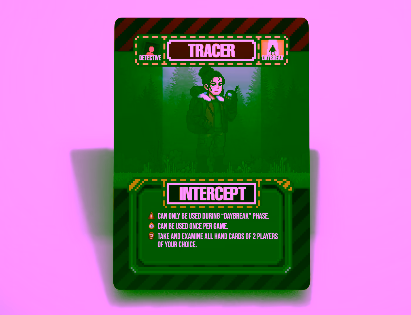 Tracer character card showing the Intercept ability, usable during Daybreak to examine two players' hands.